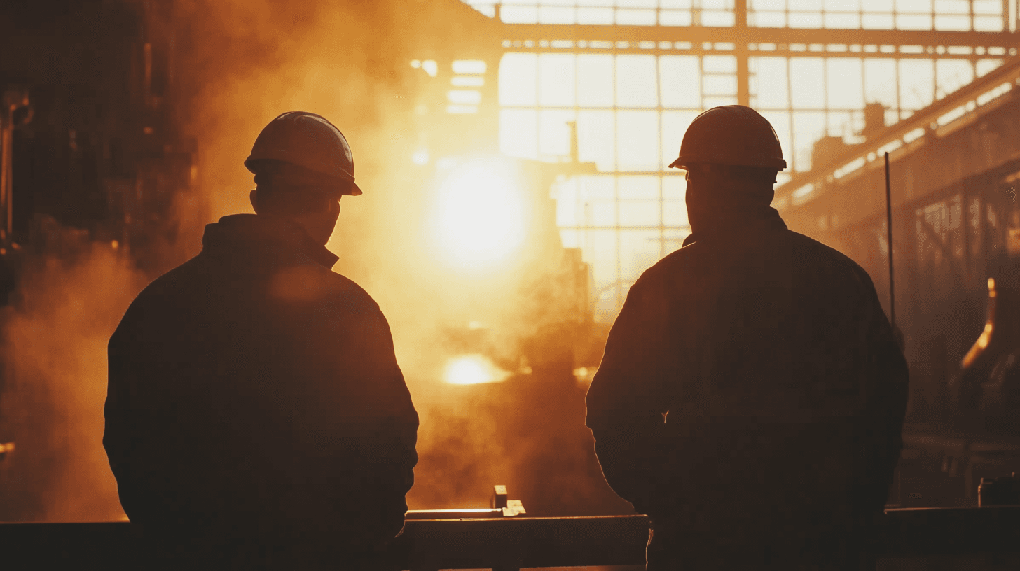 Two factory workers looking at steel production